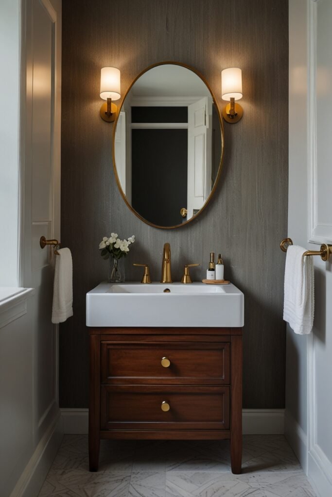 Space-saving compact pedestal vanity in a tiny bathroom with minimalist design.