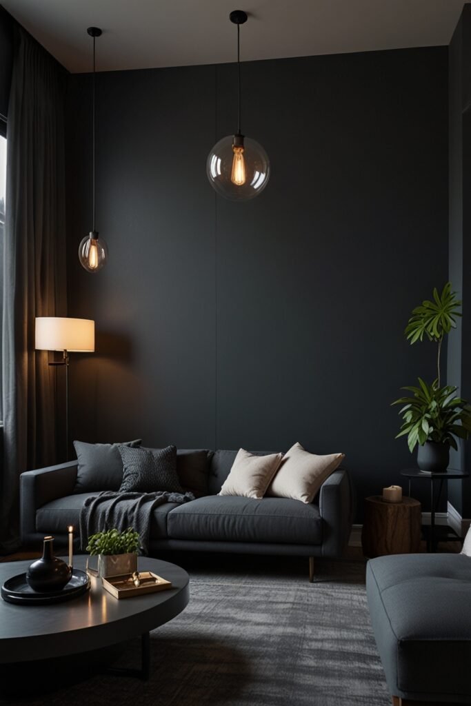 Living room colour trends with charcoal gray walls and modern décor.