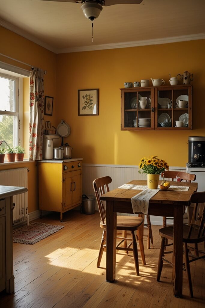 Kitchen with mustard yellow walls and retro-inspired décor.