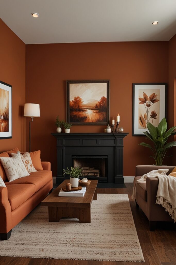 Living room with burnt orange walls and warm décor.
