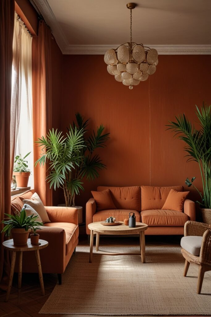 Living room with terracotta walls and earthy tones.