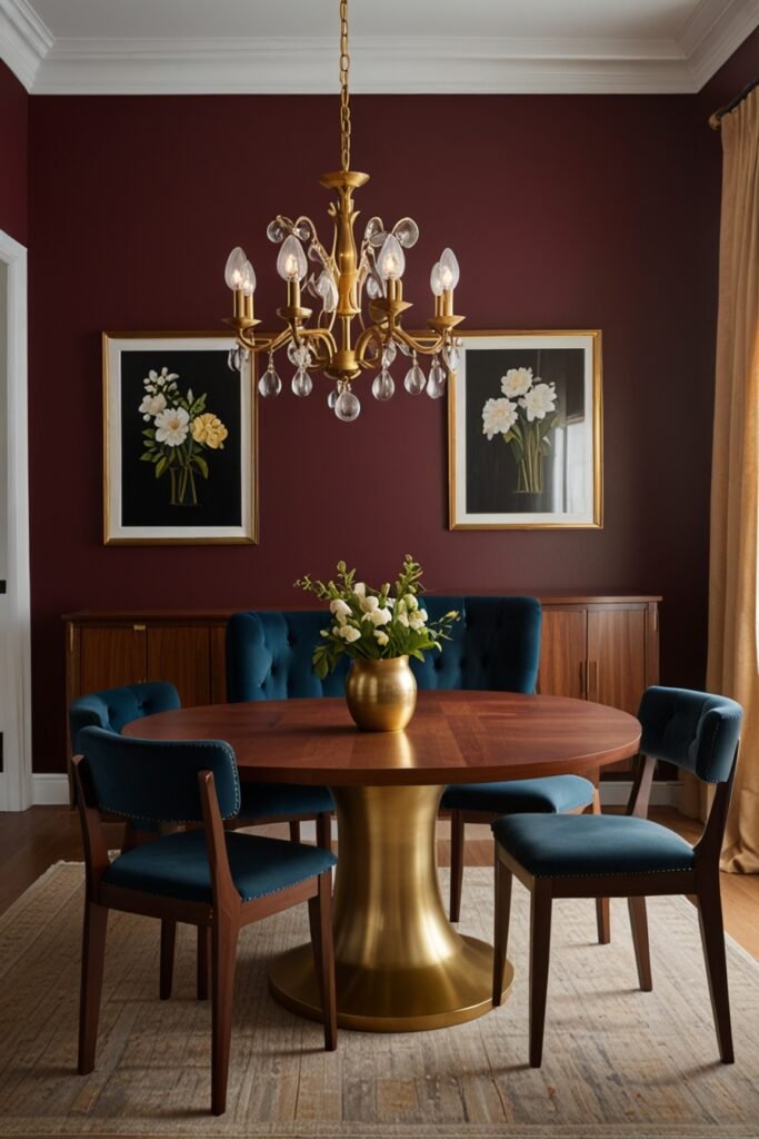 Dining room colour trends with burgundy walls and elegant décor.