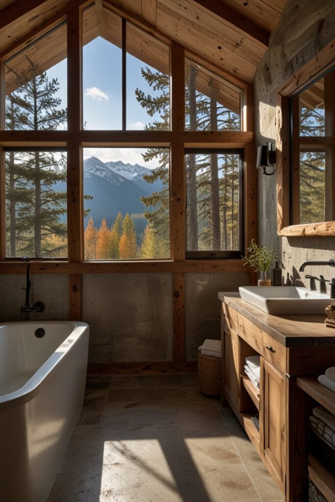 Mountain cabin bathroom with large windows bringing natural light and outdoor views inside.