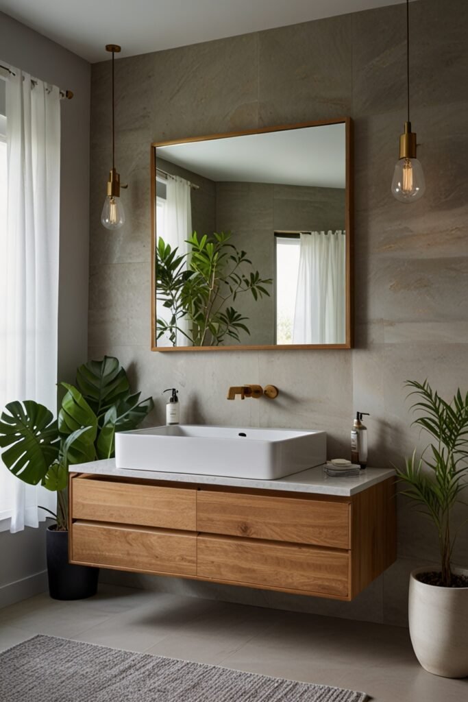 Space-saving floating vanity in a tiny bathroom with a minimalist design.