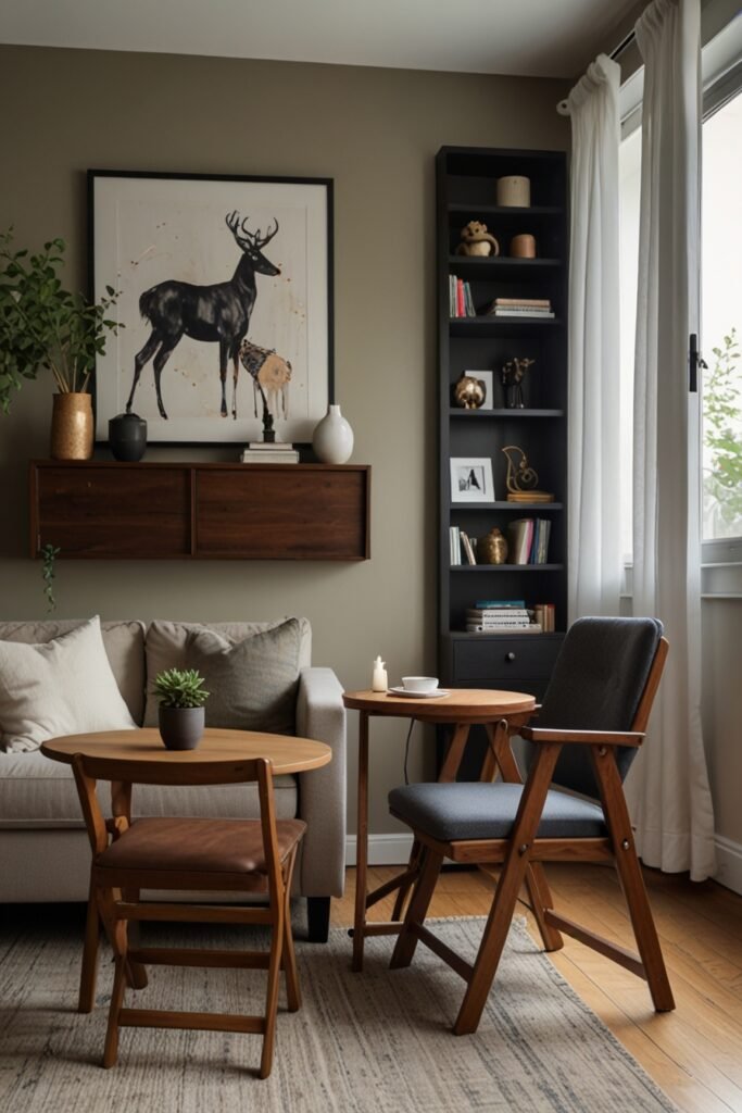 Foldable furniture in a living room for flexible storage.