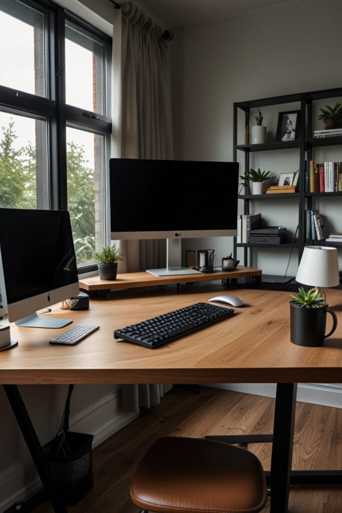 Home office with dual monitors for multitasking and efficiency.