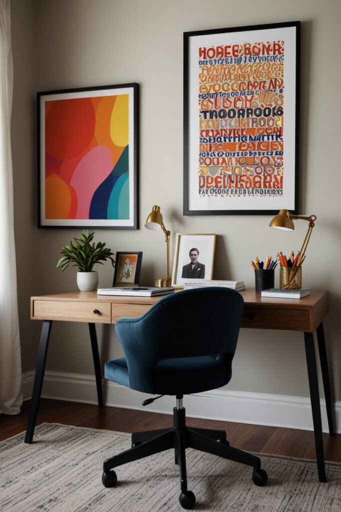 Home office with vibrant wall art and a modern desk setup.