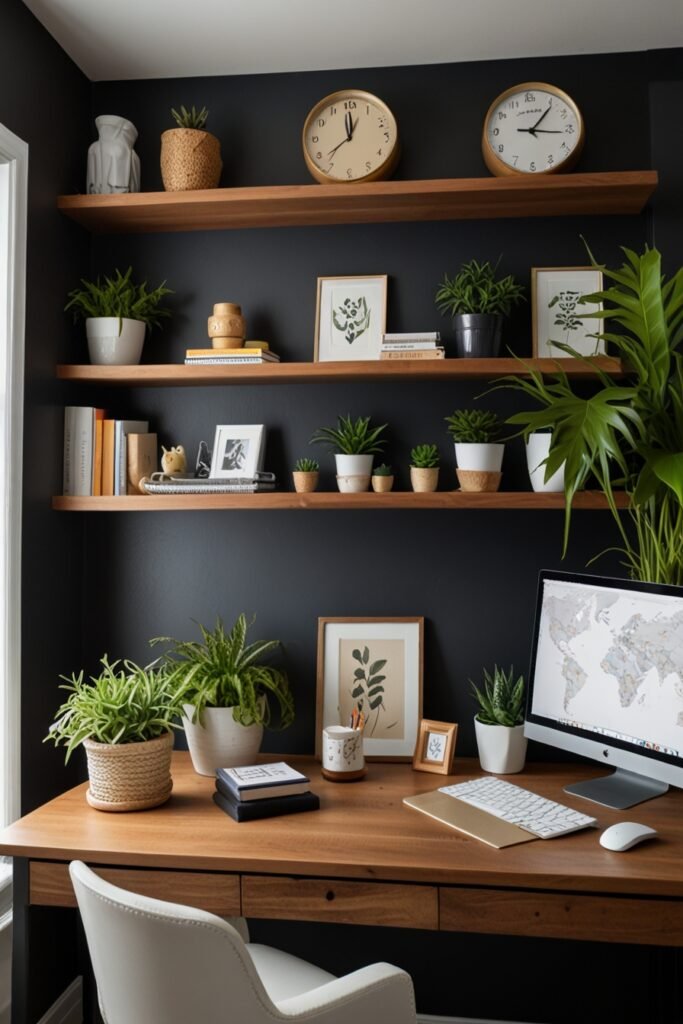 Floating shelves in a home office with organized décor and supplies.