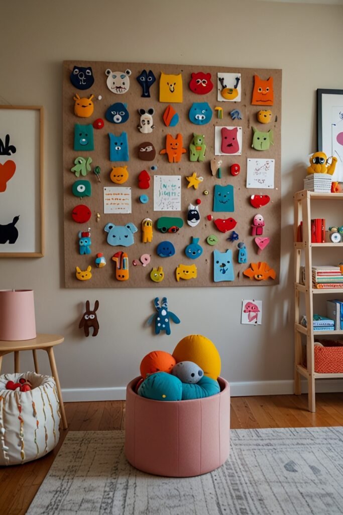 DIY kids room with a felt board for creative storytelling and play.