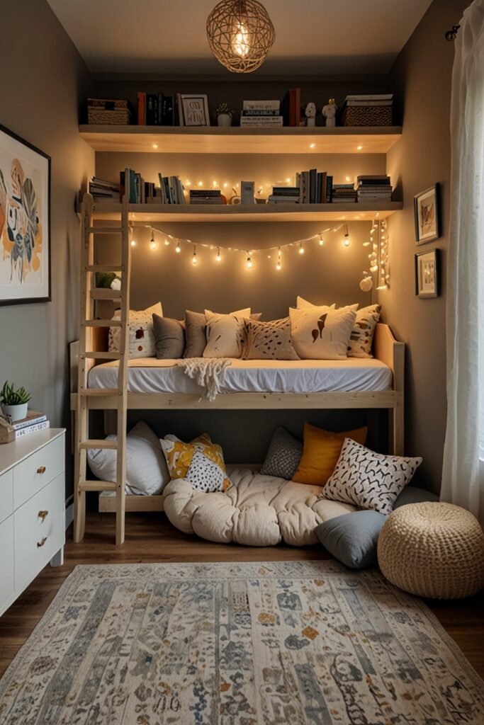 Easy DIY kids room with a cozy reading nook filled with cushions and books.
