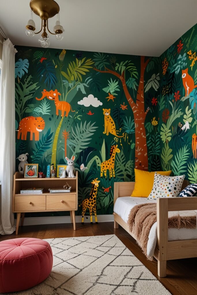 Whimsical kids room with a jungle mural and colorful furniture.