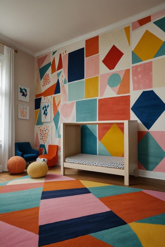 Easy DIY kids room with a hand-painted floor rug featuring fun, colorful designs.