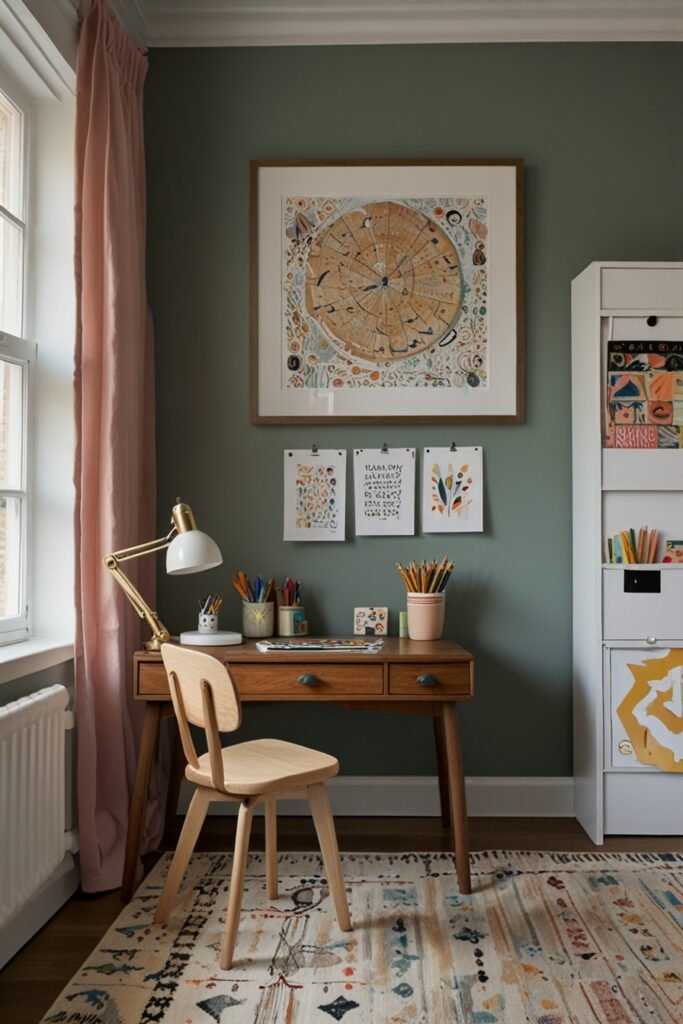 DIY kids room with a floating desk for homework and crafts.