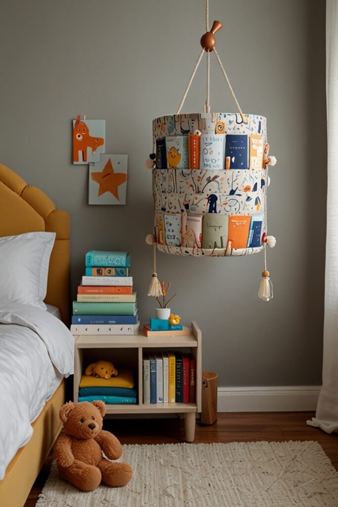Easy DIY kids room with a hanging bedside organizer for extra storage.