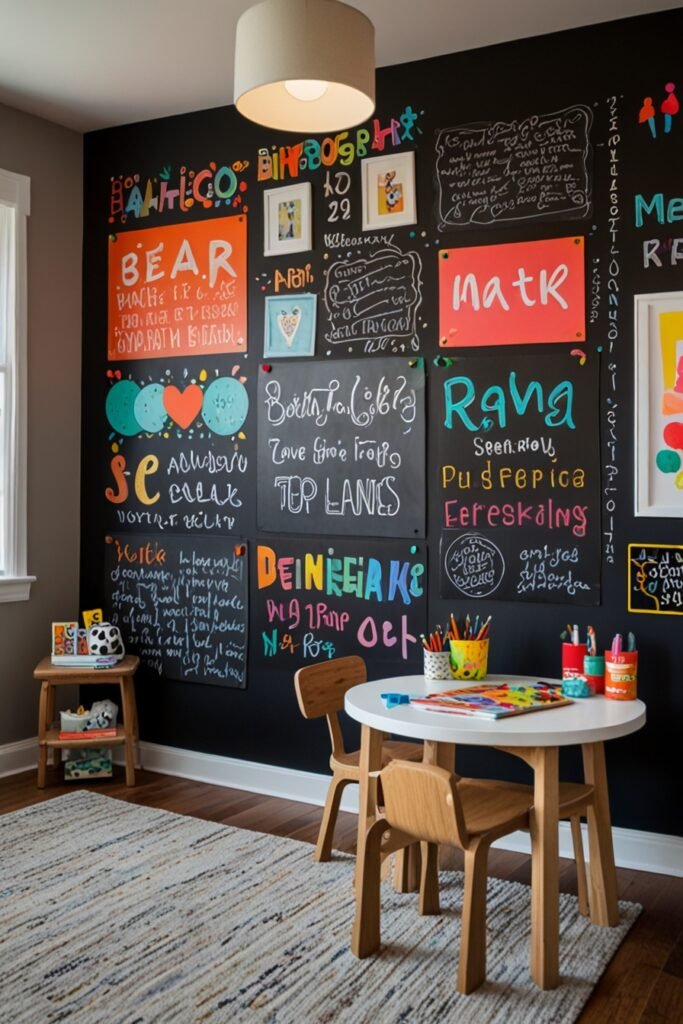 DIY kids room with an interactive chalkboard wall for drawing and play.