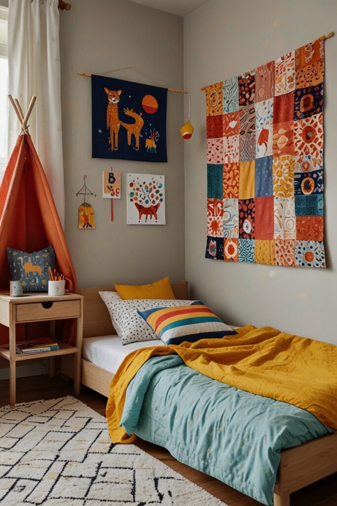Easy DIY kids room with colorful fabric wall hangings adding texture and decor.