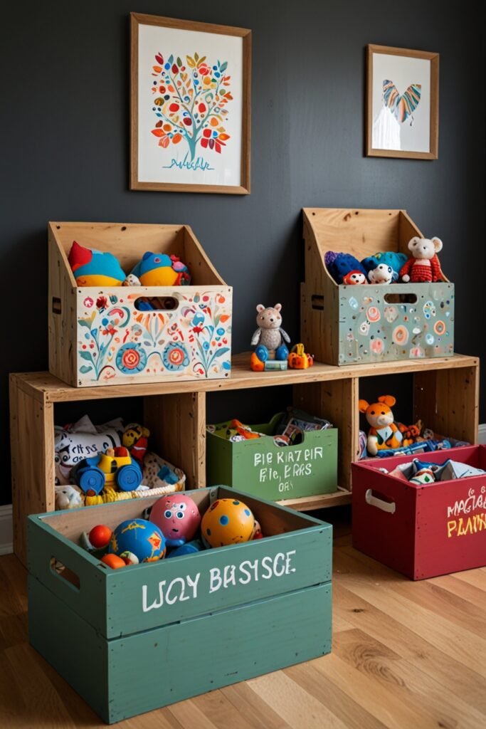 kids room with upcycled toy storage bins for organization and decoration.