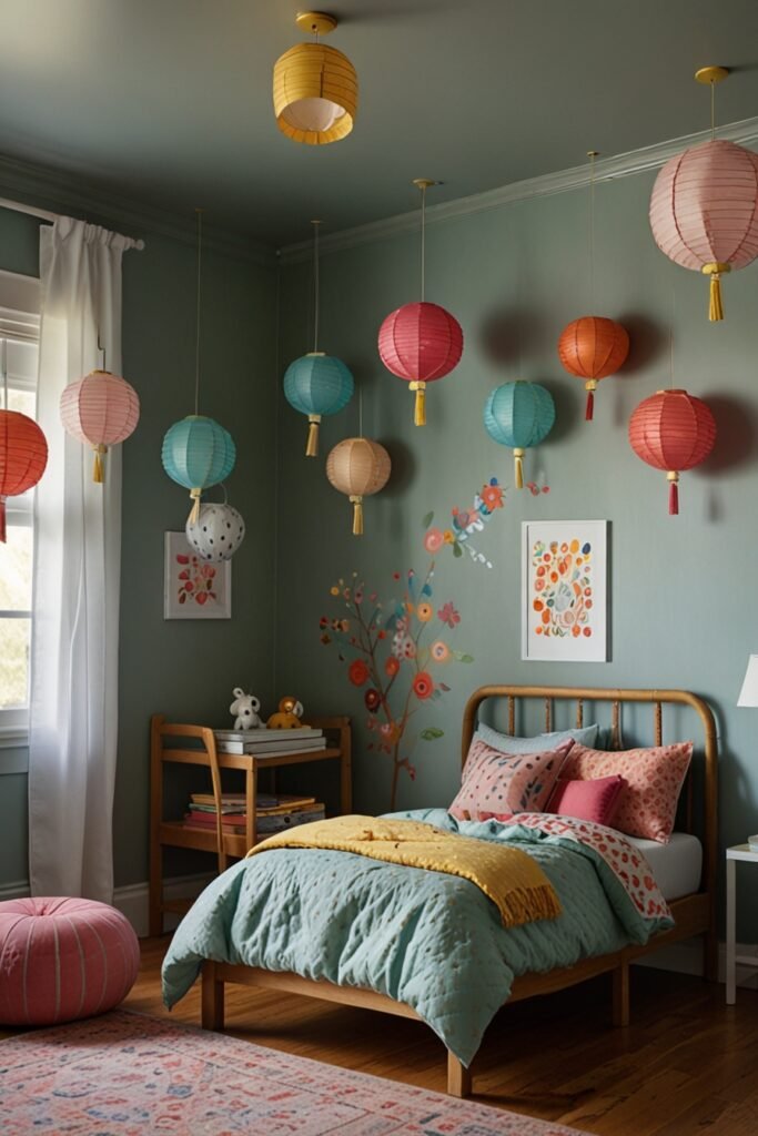 Easy DIY kids room with vibrant paper lanterns providing whimsical lighting.