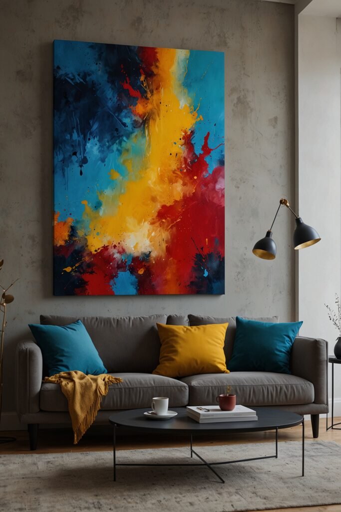 Abstract canvas print with bold colors on a living room wall.