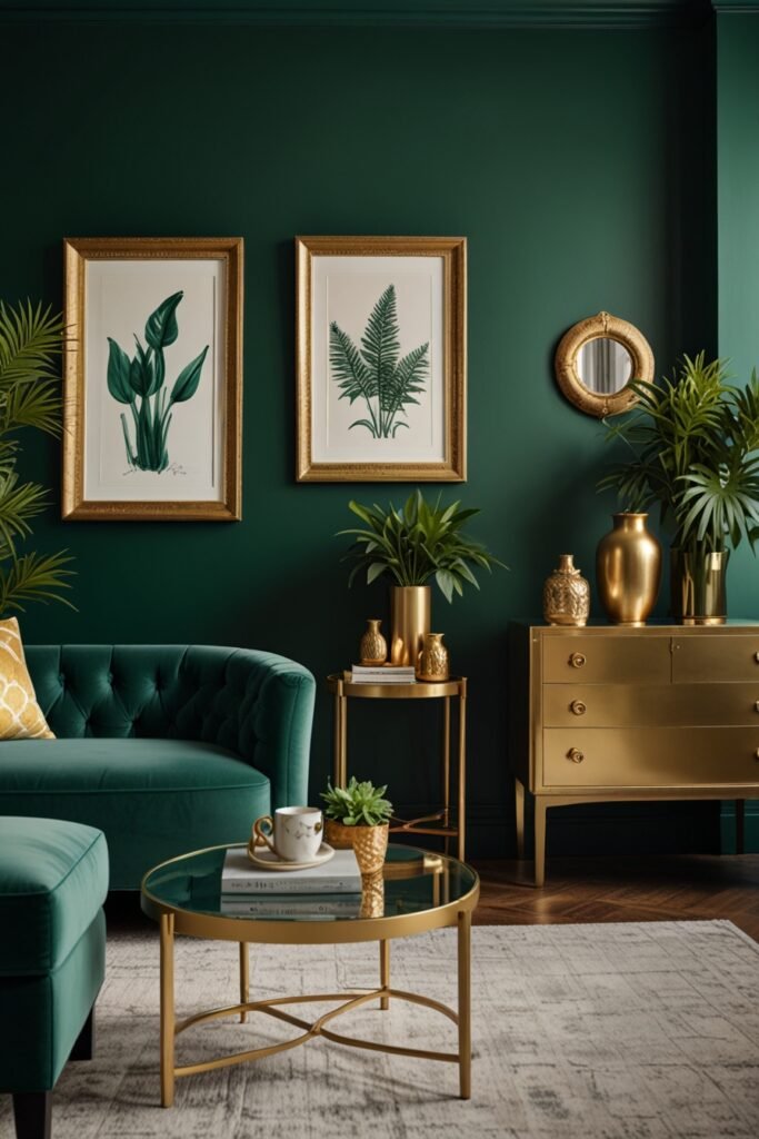 Luxurious living room colour trends with emerald green walls and gold accents.