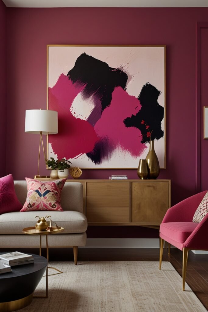 Living room with magenta accent wall and neutral furnishings.