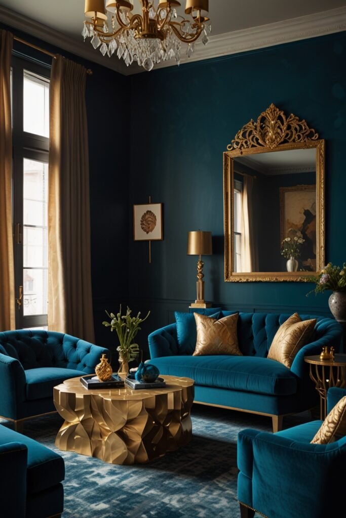 Living room with peacock blue walls and golden décor.