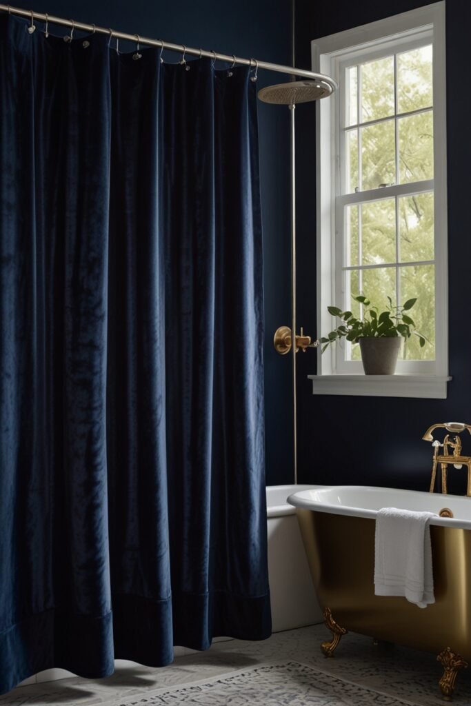 Luxurious velvet navy blue shower curtain in a modern bathroom.