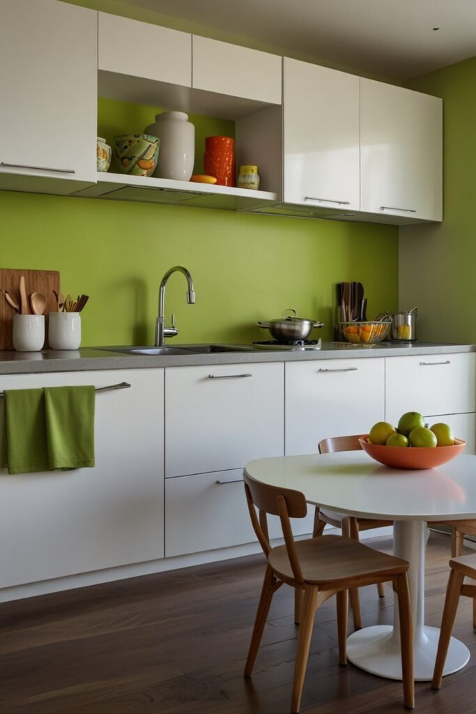 Kitchen with lime green walls and white modern furniture.