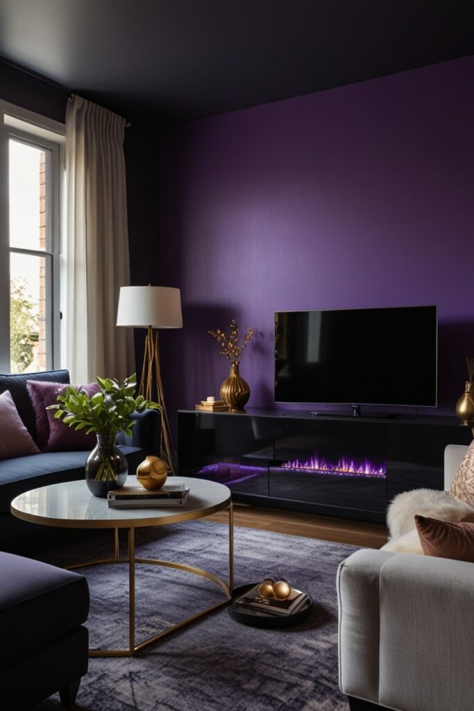 Living room colour trends with electric purple walls and edgy décor.