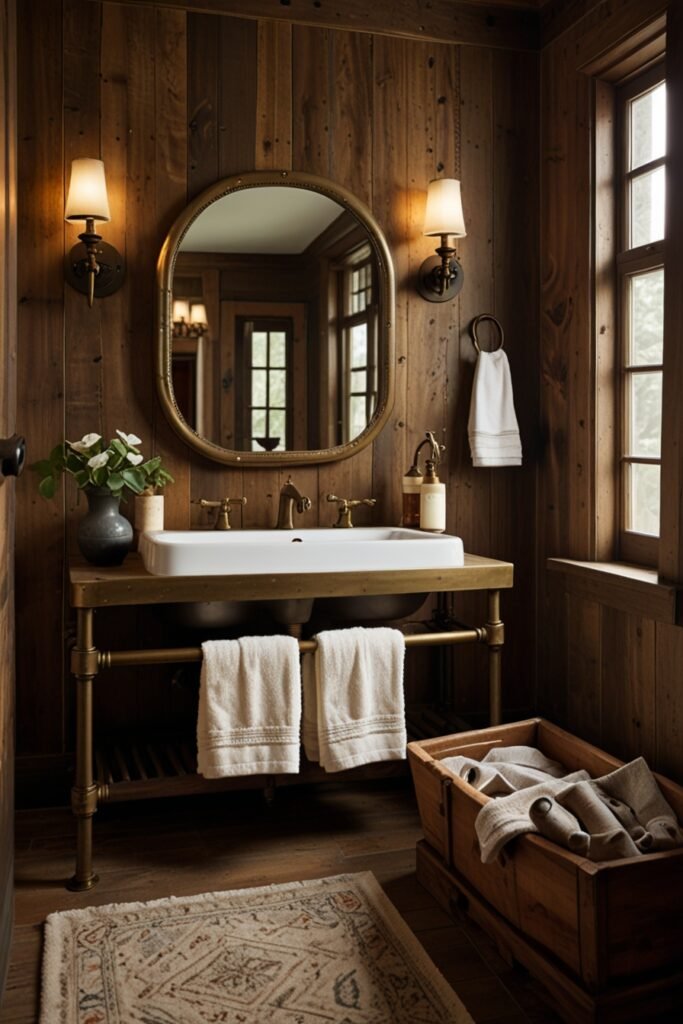 Mountain cabin bathroom with antique metal fixtures adding vintage charm.