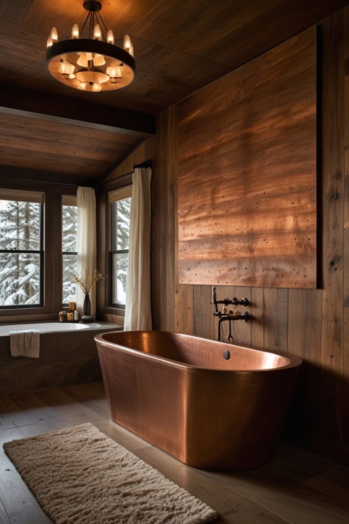 Mountain cabin bathroom featuring a luxurious copper bathtub for a rustic yet refined look.