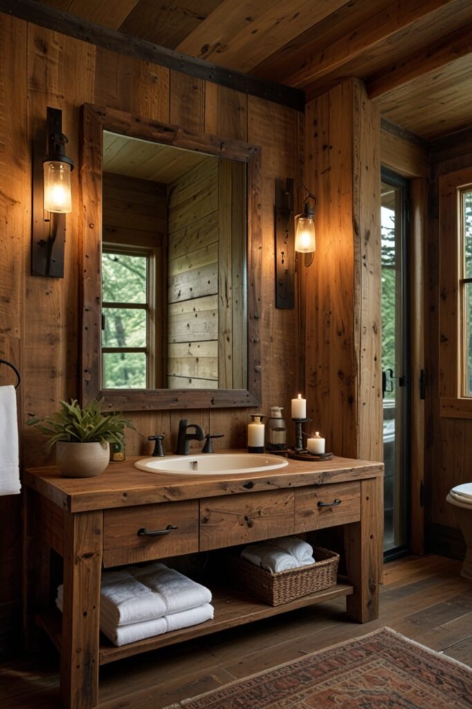 Mountain cabin bathroom with a rustic wooden mirror adding timeless elegance.