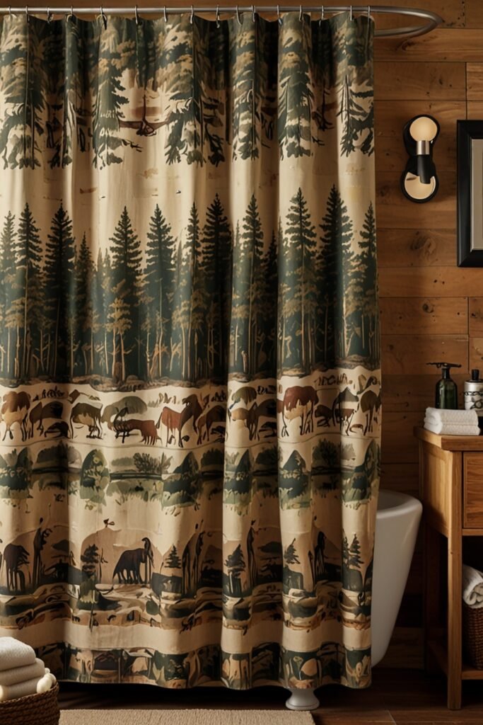 Mountain cabin bathroom with a nature-themed shower curtain for a cozy and organic look.