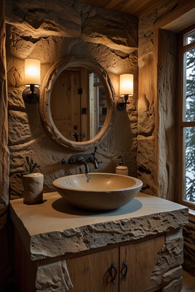 Mountain cabin bathroom with a unique stone sink adding character and rustic charm.
