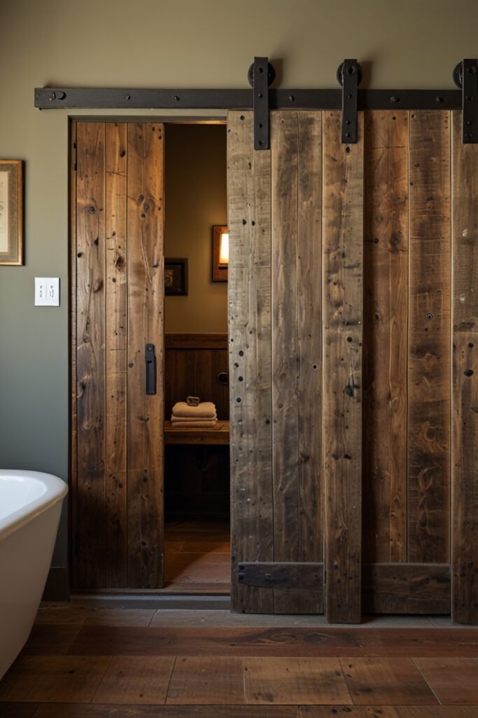 Bathroom with a vintage barn door providing space-saving and rustic style.