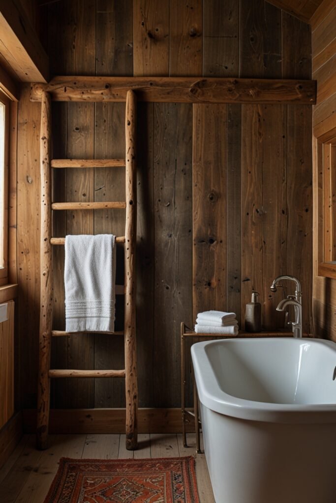 Mountain cabin bathroom featuring a wooden ladder towel rack for rustic charm.