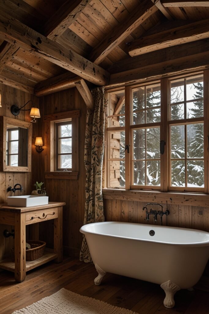 Mountain cabin bathroom with exposed wood beams giving a rustic and open feel.