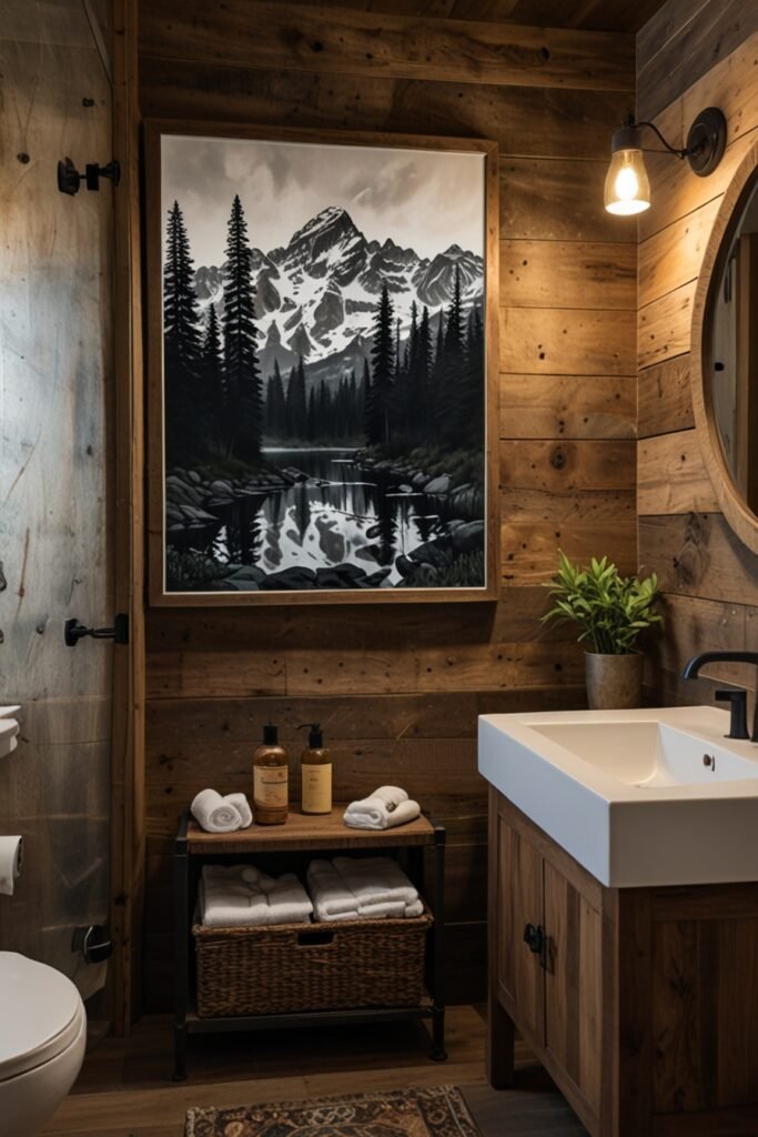 Bathroom with nature-inspired wall art reflecting the outdoors.