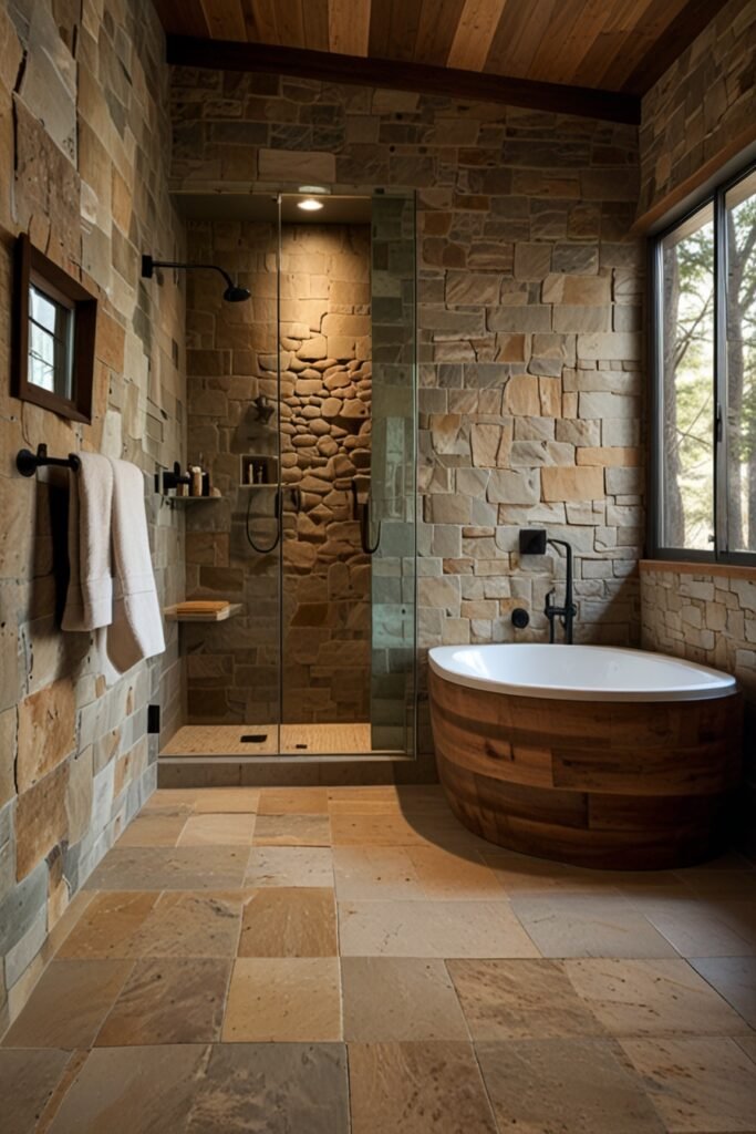 Mountain cabin bathroom with stone tiling for a natural and rugged look.