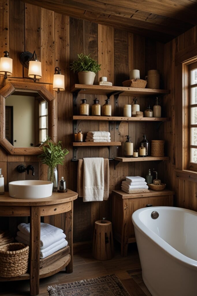 Mountain cabin bathroom with wooden accents adding warmth and rustic charm.