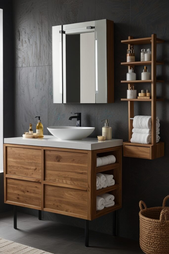 Space-saving multi-functional bathroom vanity in a tiny bathroom with extra features.