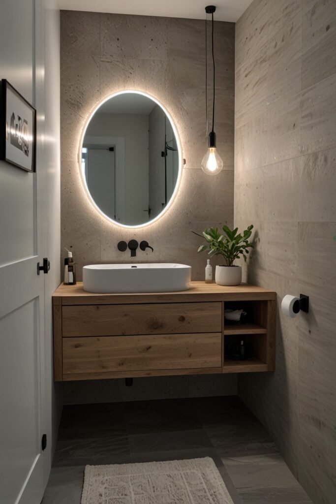 Recessed space-saving bathroom vanity with built-in storage for a minimalist look.