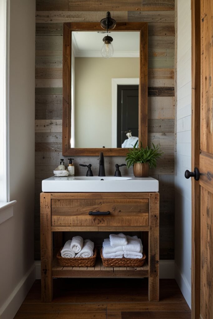 Space-saving reclaimed wood vanity in a tiny bathroom with eco-friendly and rustic appeal.