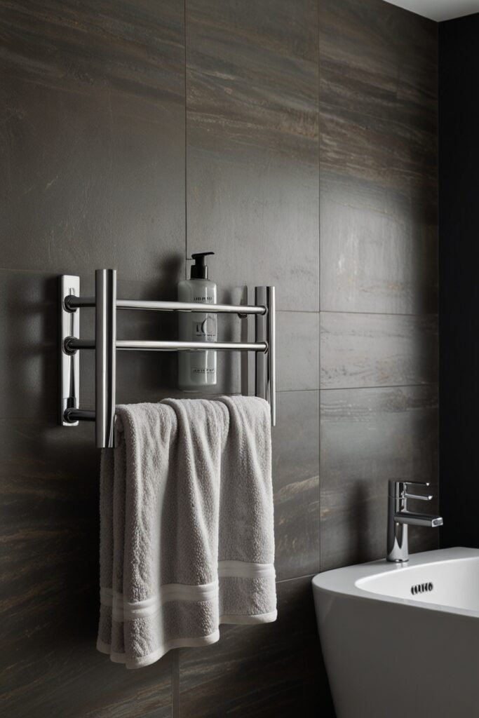 Heated towel rack in a modern bathroom with fluffy towels.