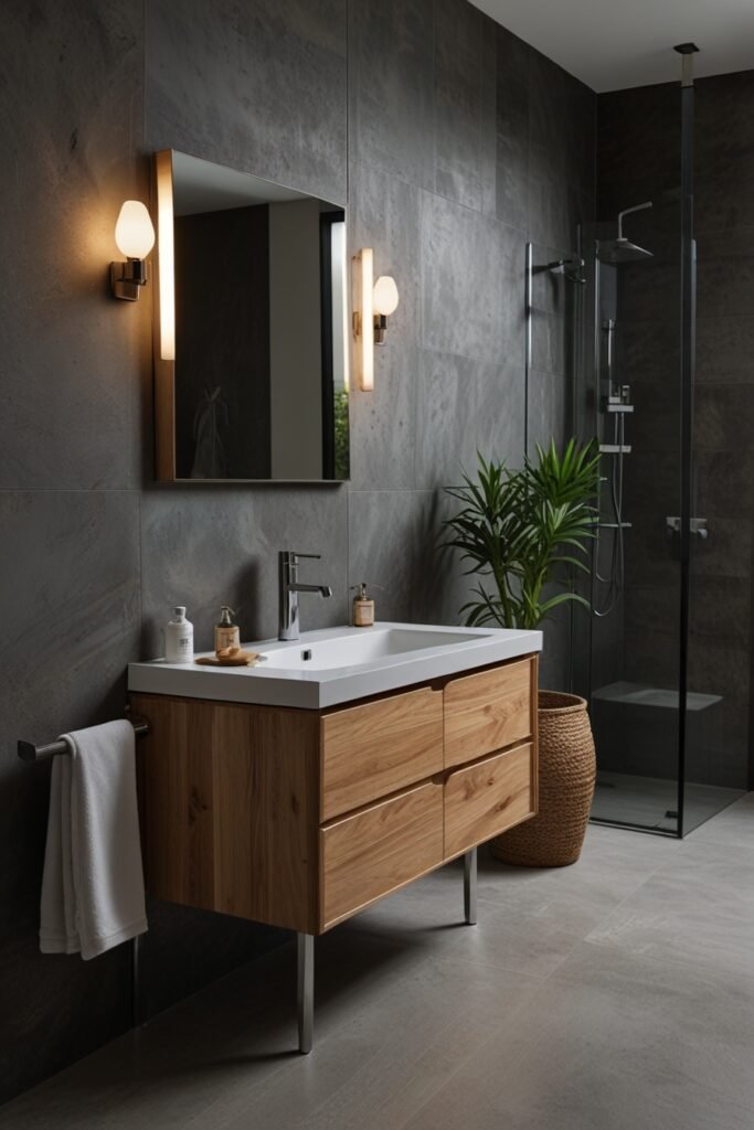 Space-saving slimline bathroom vanity perfect for narrow spaces in tiny homes.