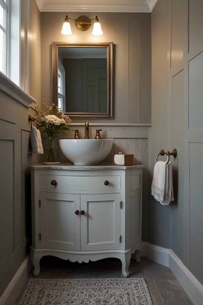 Corner vanity in a tiny bathroom, maximizing space and storage in a compact design.