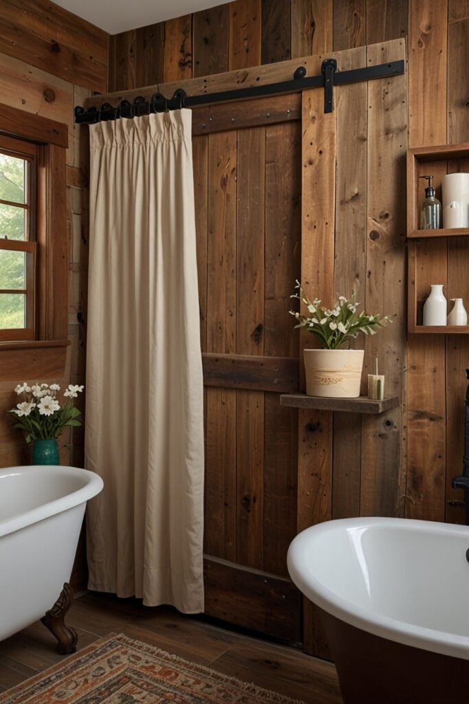 Small rustic bathroom featuring a barn door-style shower curtain for added charm.