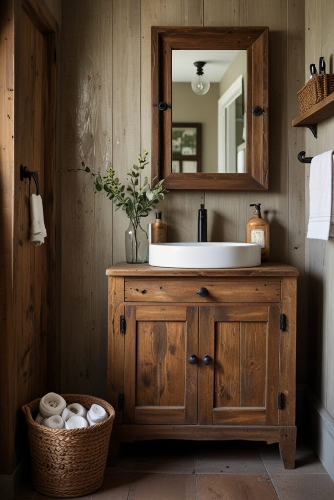 Small rustic bathroom with a distressed wood cabinet providing stylish storage.