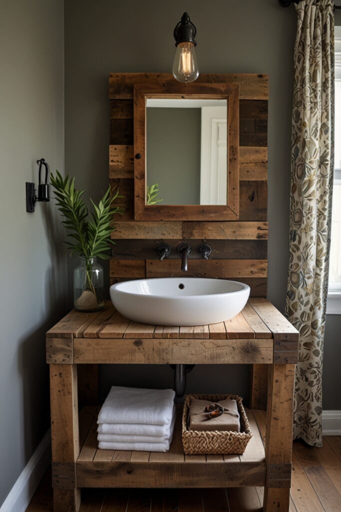 Small rustic bathroom with a repurposed pallet vanity for a rustic and budget-friendly look.