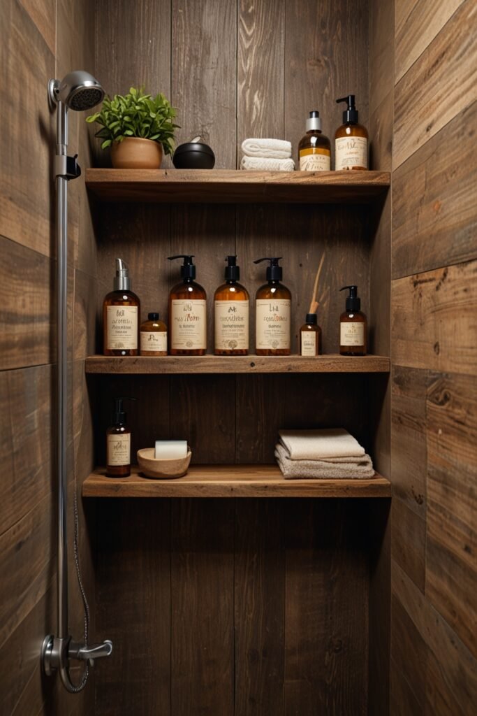 bathroom with a rustic wooden shower niche adding storage and style.